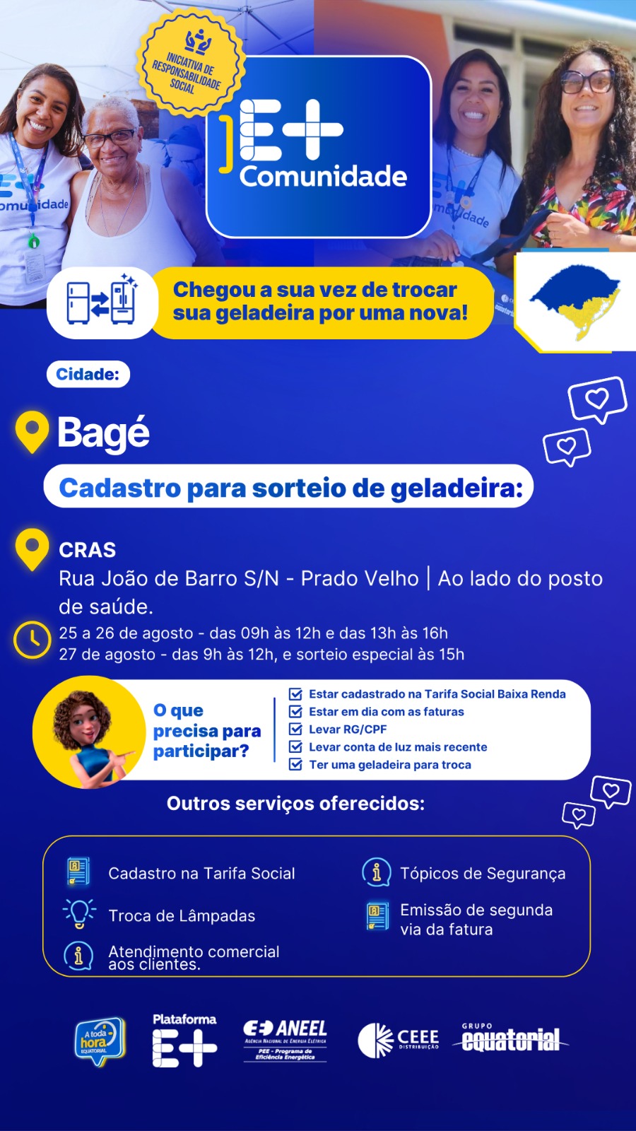 CRAS Prado Velho recebe ação da CEEE Equatorial com sorteio de geladeiras e serviços gratuitos em Bagé