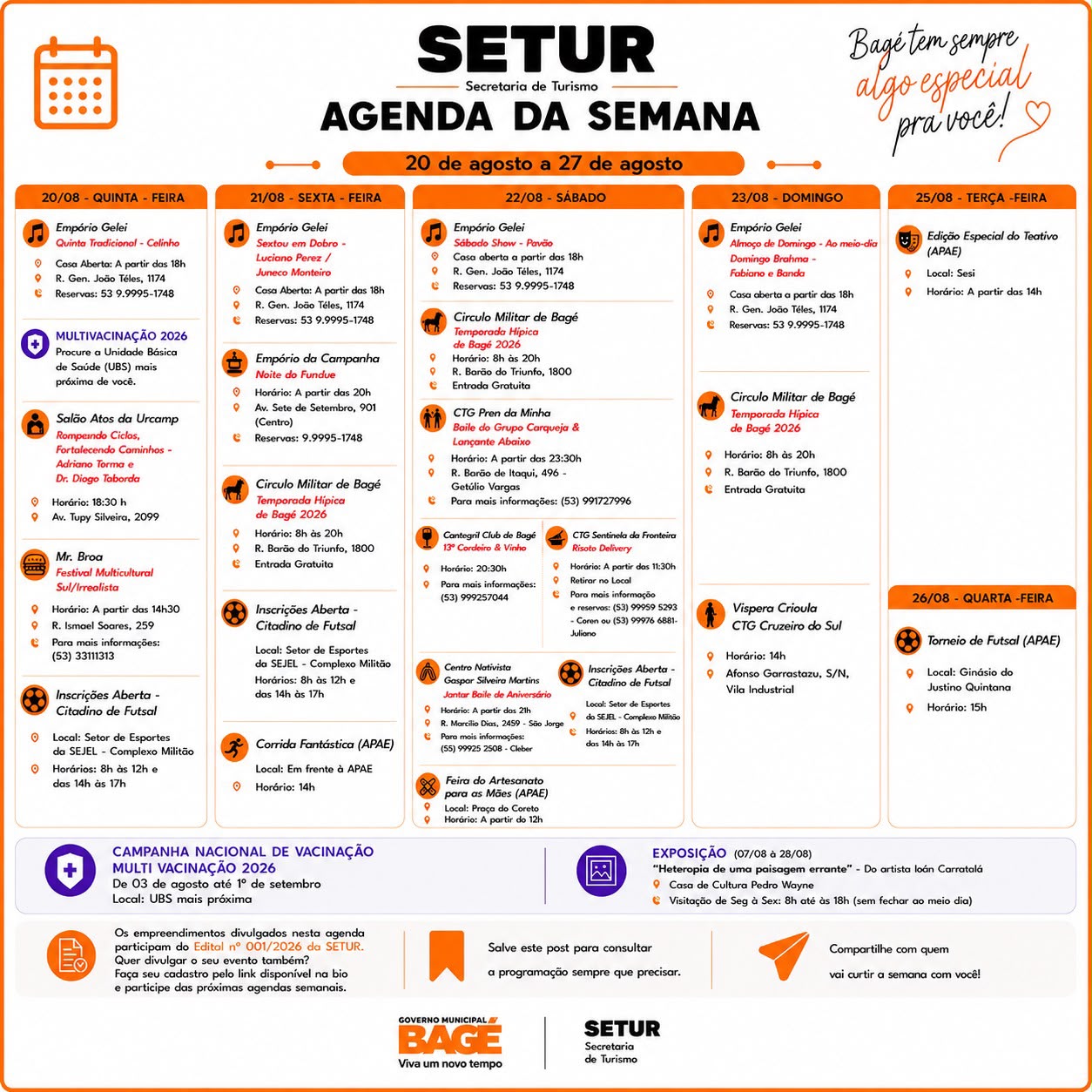 Setur passa a divulgar agenda semanal de eventos em Bagé