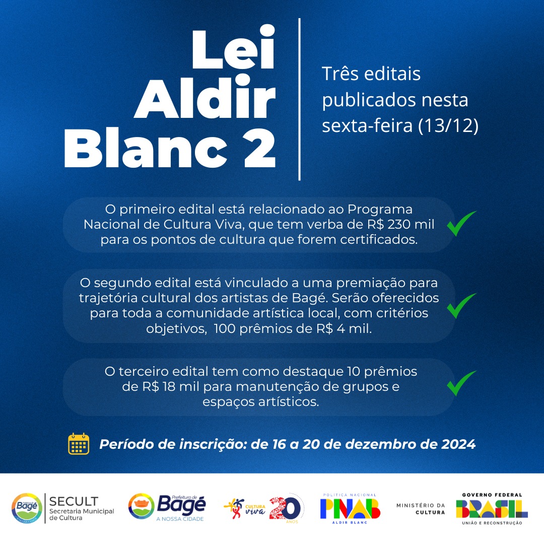 Lei Aldir Blanc II: Prefeitura de Bagé lança três editais para projetos culturais