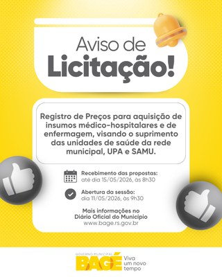 Prefeitura de Bagé abre licitação para aquisição de insumos médico-hospitalares e de enfermagem