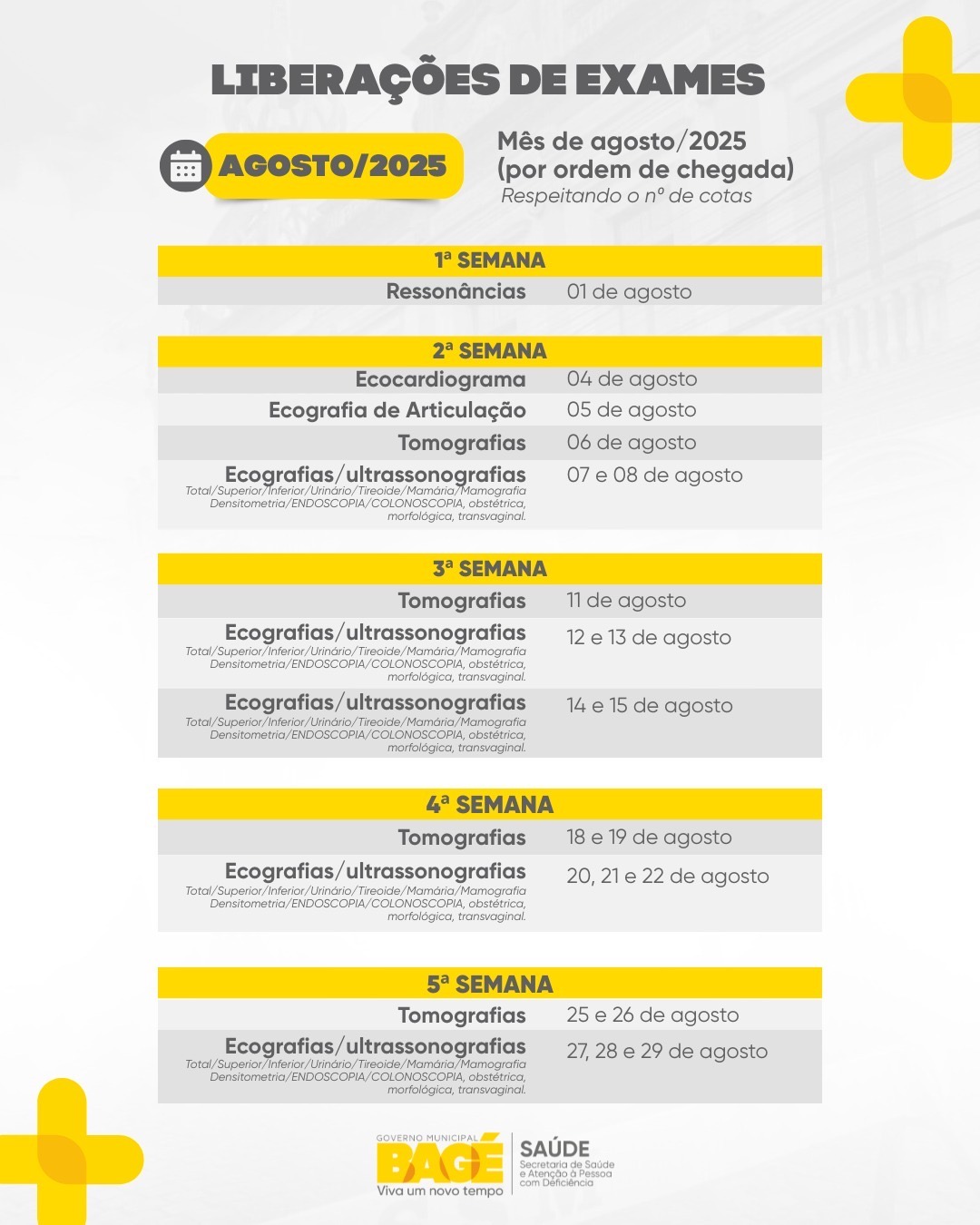 Prefeitura de Bagé divulga calendário de exames especializados para o mês de agosto