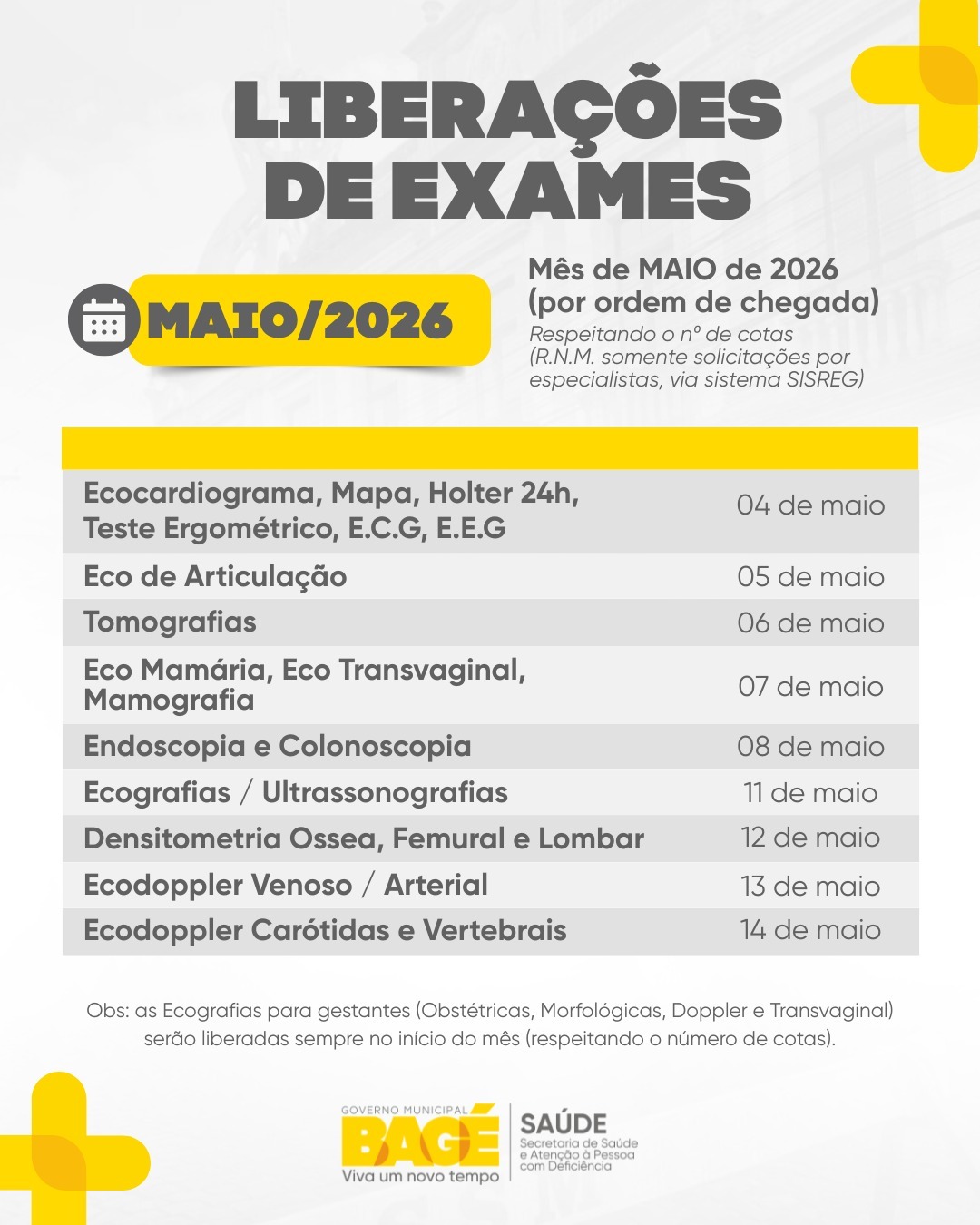 Secretaria de Saúde divulga calendário de exames do mês de maio