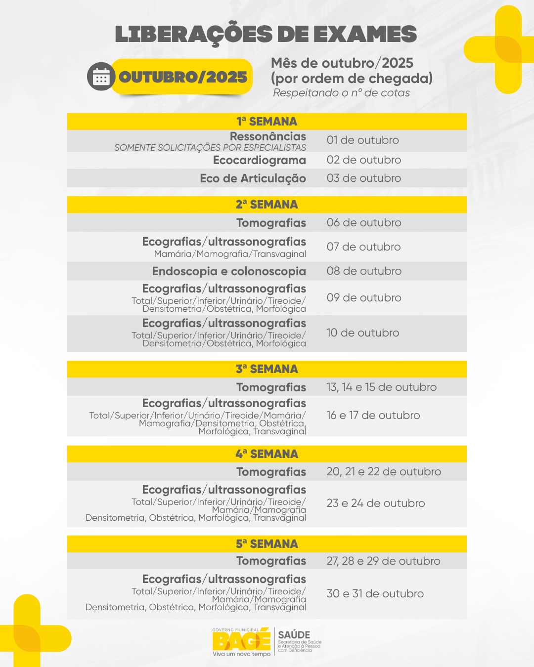 Secretaria de Saúde divulga calendário de exames do mês de outubro