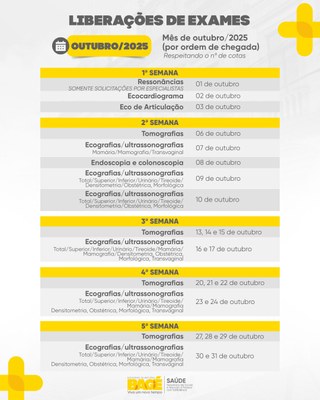 Secretaria de Saúde divulga calendário de exames do mês de outubro
